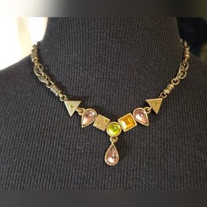 Chicos Geometric Colored Glass Necklace – Brass Tone Artisan Statement